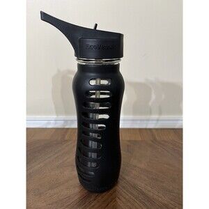 22-oz EcoVessel Glass In Rubber Grip Water Bottle Black W/ Flip Top & Straw